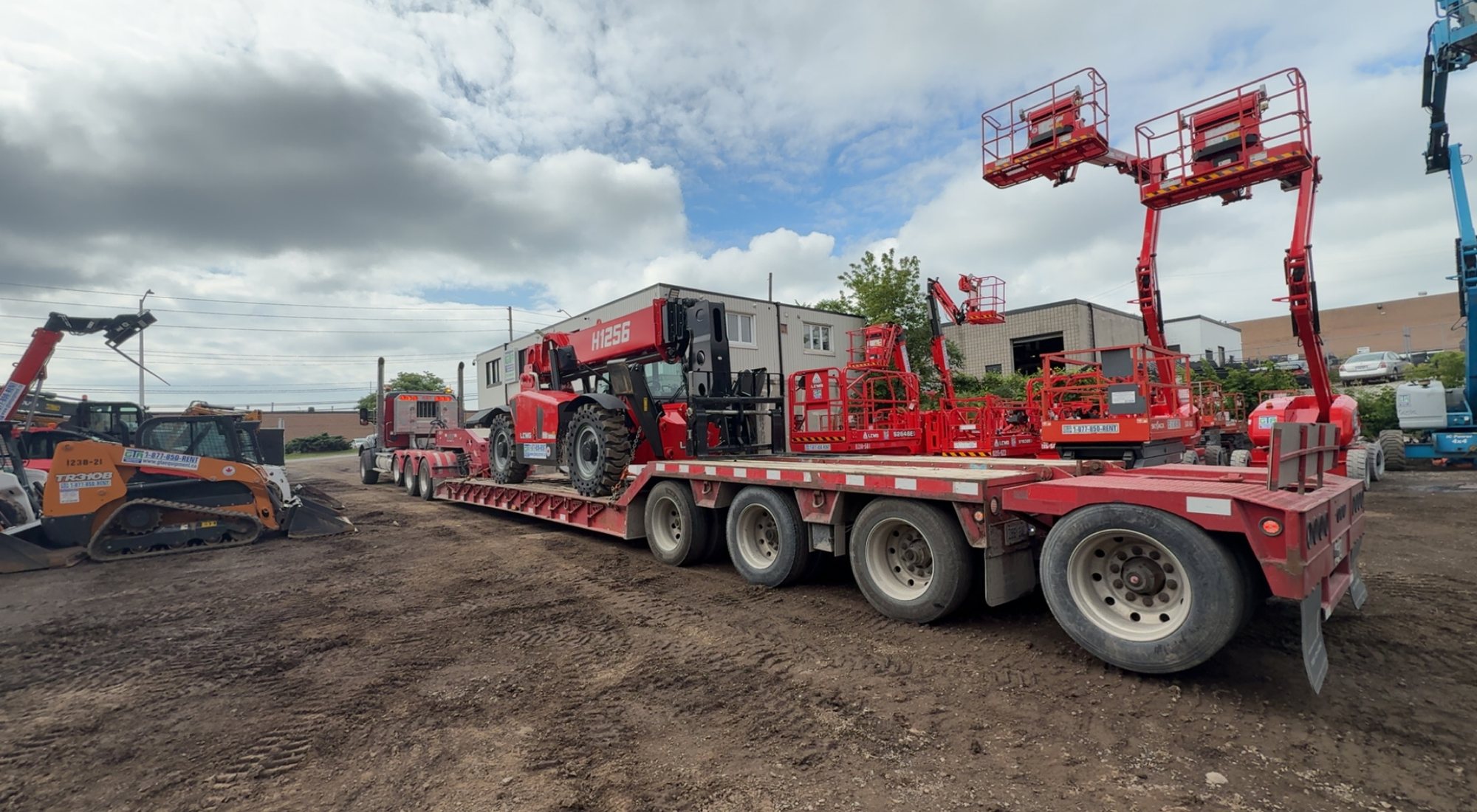 GTA Equipment Rentals yard in Oakville with machines staged for float delivery