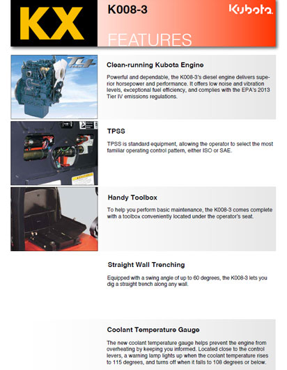 Kubota K008-3 Features