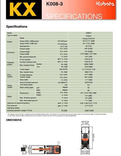 Kubota K008-3 Specs